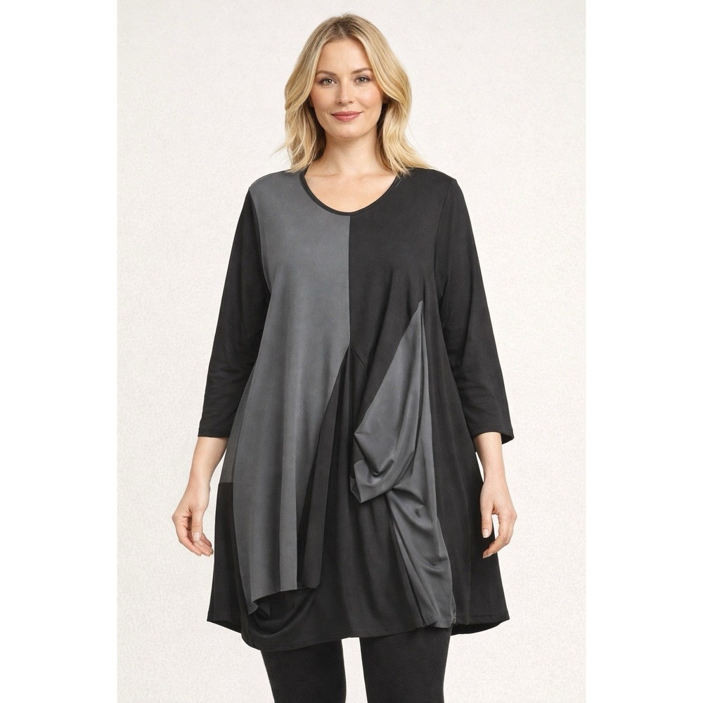 Sun Kim Colorblock Tunic‎ Women's Sz XL Black Gray Asymmetrical Draped Top